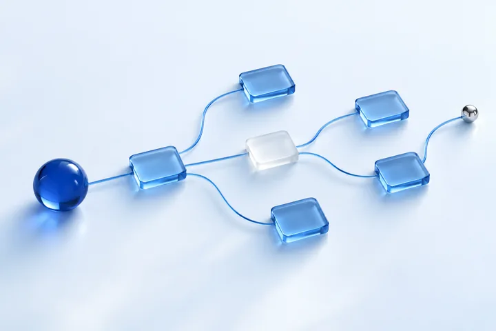 Blue glass tiles connected in a branching discovery path