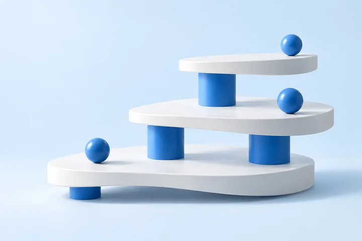 Layered white ceramic platforms supported by blue columns